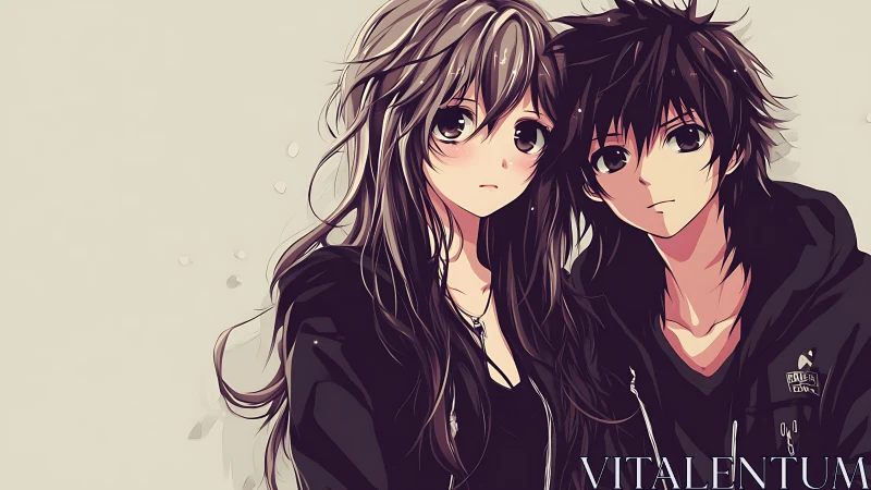 Somber anime couple share quiet bond in dark hoodies.
