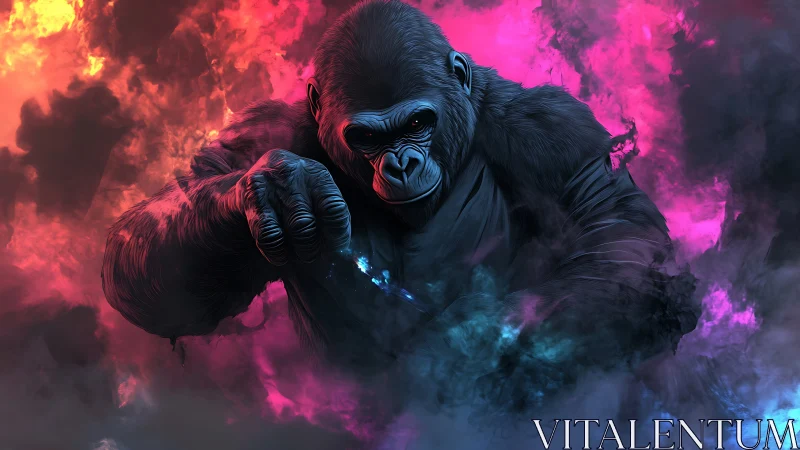 Powerful gorilla emerges through neon smoke clouds.