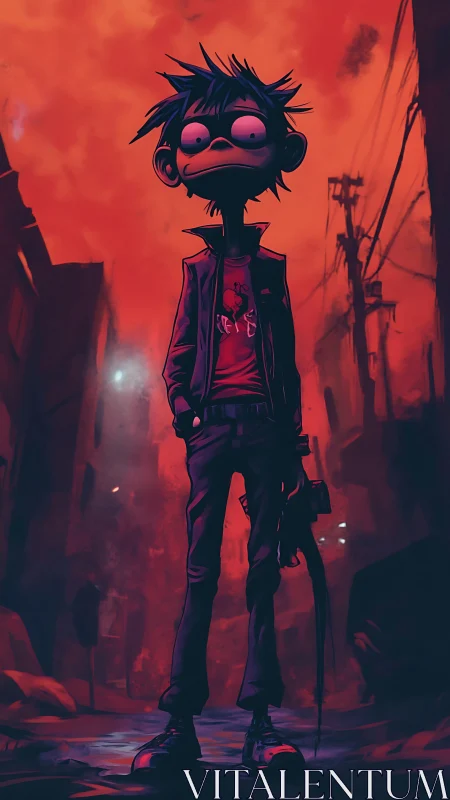 Stylized cartoon figure stands in red backlit alleyway