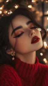 Holiday-lit portrait with dreamy red velvet makeup glow.