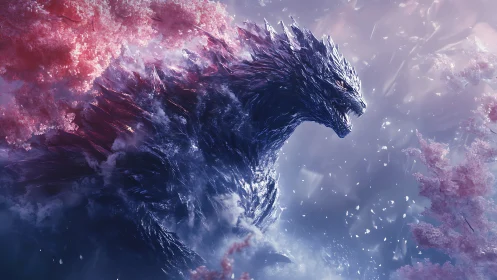 Kaiju-like crystalline creature within pink foliage mist.