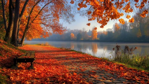 Lakeside path covered in vivid autumn leaves at sunrise.