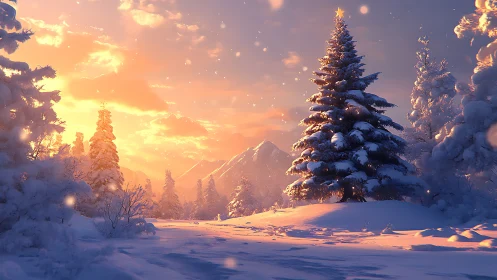 Digital painting of luminous winter spruce at alpine sunset.