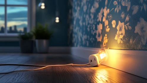 Quiet plug-in glow hugging a floral midnight hallway wall.