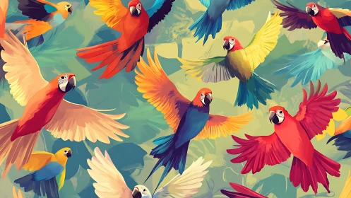 Vibrant Parrots in Flight Over Lush Jungle, Digital Art Style.