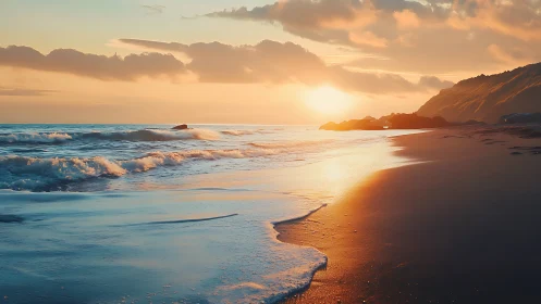Sunset light intersects shoreline, waves, and distant cliffs