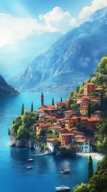 Alpine lake village rendered with saturated chromatic rendering, mountainous topography with terrace