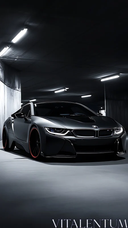 Sleek matte black sports car in dim underground garage.