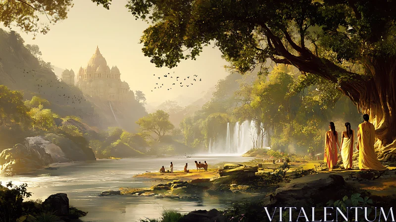 Sunlit river sanctuary frames distant temple in ethereal haze