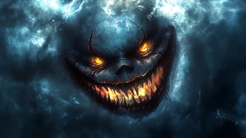 Demonic aquatic visage emerges from turbulent bioluminescent depths