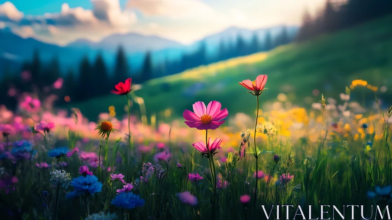Wildflower meadow glows under soft alpine sunset light