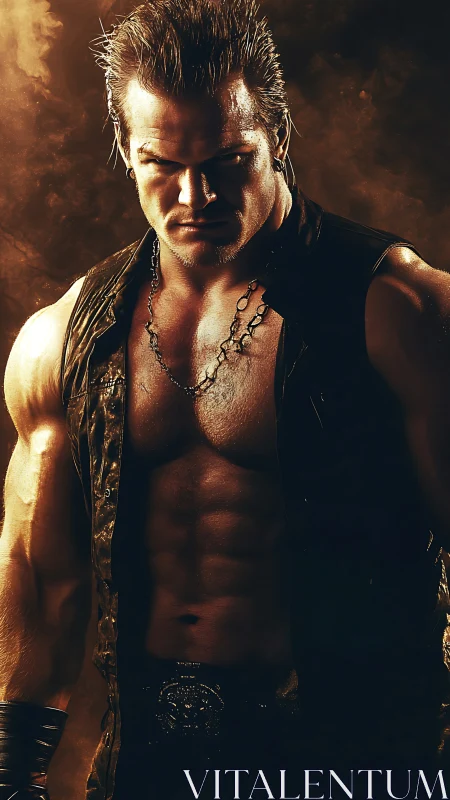 Brooding muscular warrior stands in dramatic golden haze.