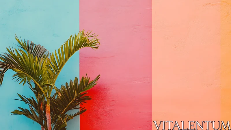 Tropical palm silhouette against tri-color pastel wall.