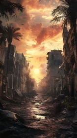 Sunlit ruined street cuts through war-torn desert city