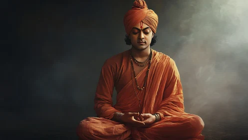 Saffron-robed mystic in deep meditation amid twilight hush.