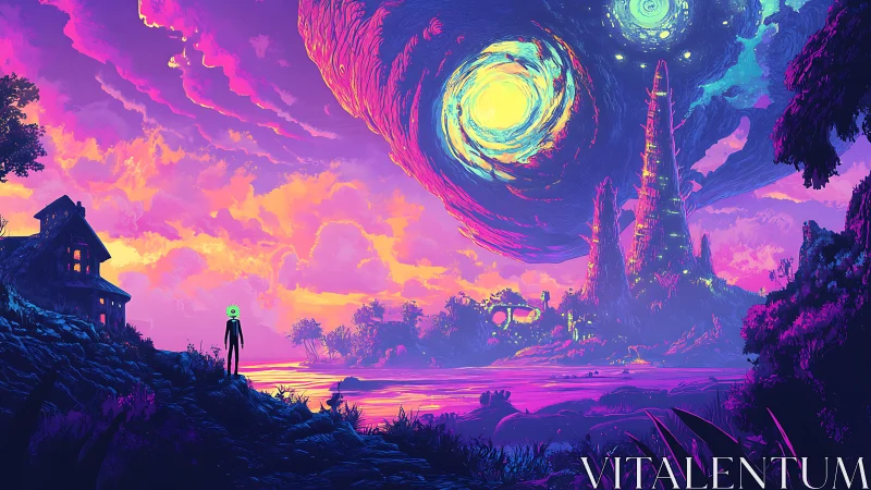 Neon alien observer studies swirling vortex sky over crystal spire