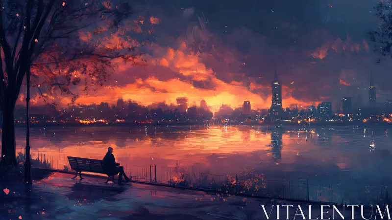 Solitary figure watching fiery sunset over glowing city