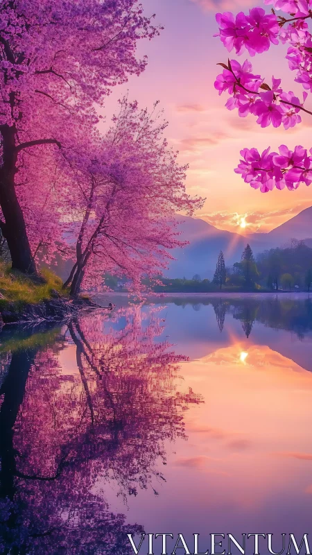 Radiant cherry blossom lake at vivid pastel sunrise.