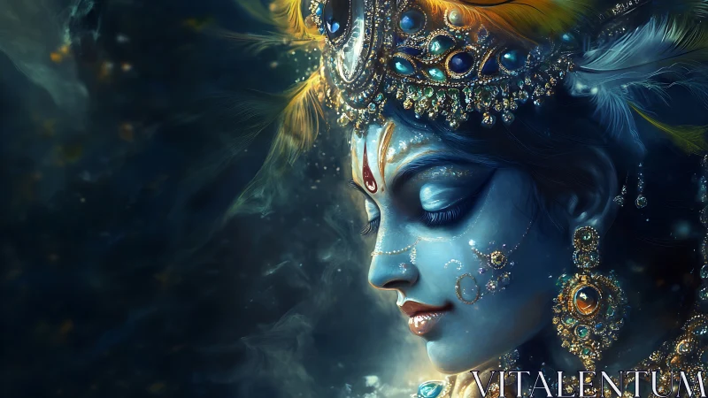 Divine blue deity portrait glows with jeweled golden crown