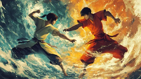 Elemental martial artists clash in swirling water and fire.