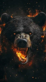Bear head with open flaming jaws against dark background.