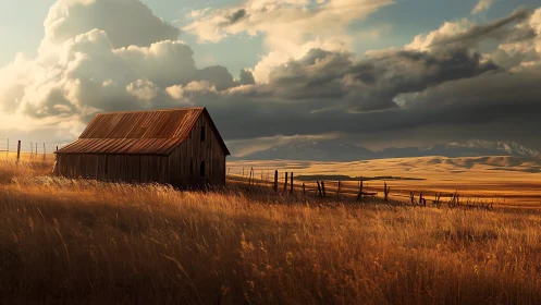 Sunlit country barn resting under soft drifting clouds.
