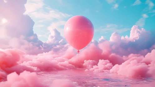 Soft pink balloon drifts above dreamy cotton candy clouds