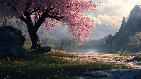 Sunlit cherry blossom tree by a peaceful mountain lake.