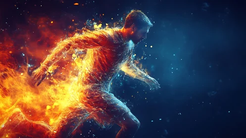Human figure in motion rendered with fire and water effects.