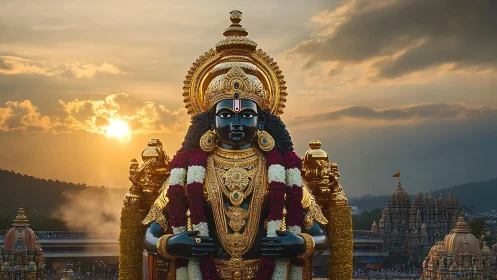 Sunlit temple deity crowned in gold over dusk-kissed hills.