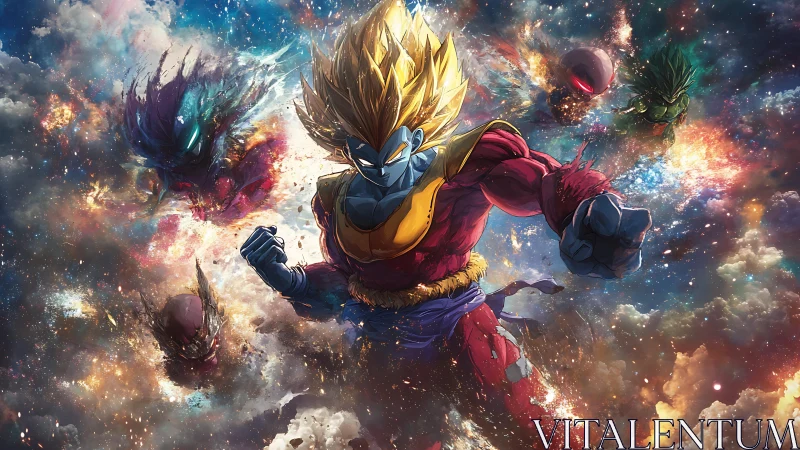 Saiyan warrior charges through cosmic battlefield storm