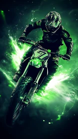 Neon green motocross rider blasting through cosmic dust.