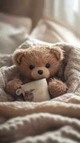 Photoreal plush teddy bear with mug in soft knitted blankets