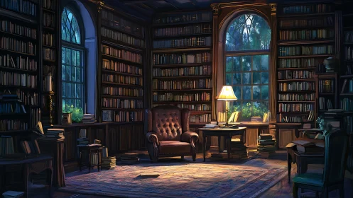 Evening study in wood paneled library with arched windows