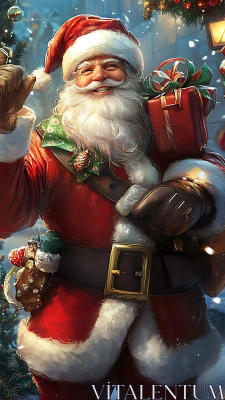 Santa Claus holding gift in snowy festive street scene.