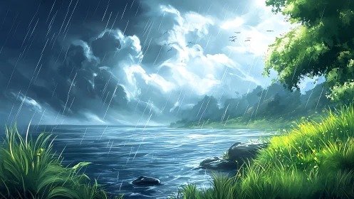 Stormlit lakeside rainfall captures serene, cinematic drama