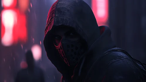 Hooded masked figure stands in neon lit rainy city street
