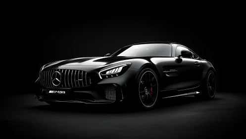 Black Mercedes-Benz coupe in low key studio lighting setup.