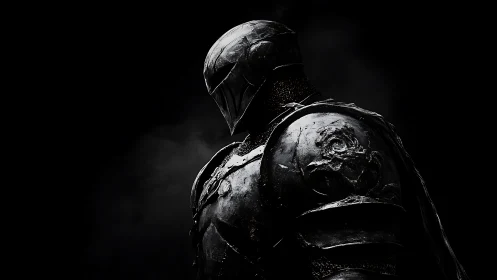 Shadowed knight stands calm in worn, battle-scarred armor