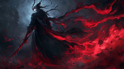 Shadow warrior wields burning red sword in storming void