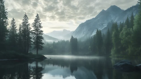 Mist-draped pines whisper across a silver mountain lake