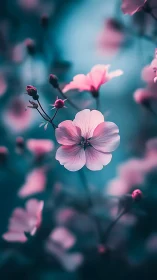 Pink flower macro on teal background with soft bokeh focus.