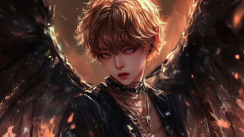 Winged androgynous figure stares forward amid burning embers