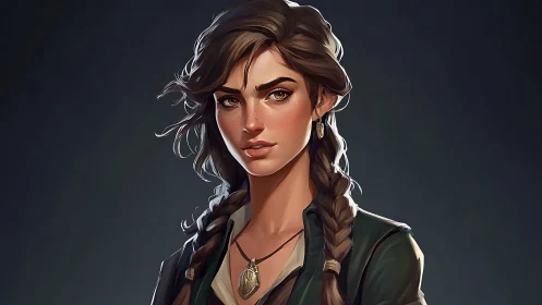 Braided-haired adventurer portrait with pendant and moody light