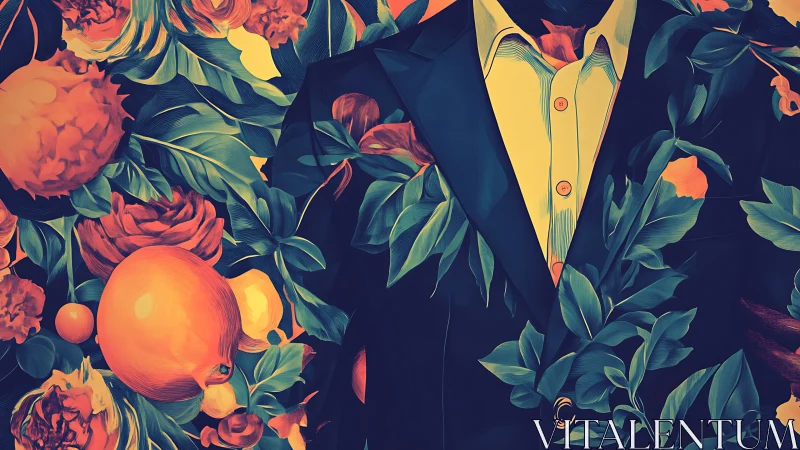 Suit torso partially obscured by dense stylized foliage and fruit