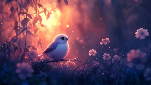 Luminous songbird glows amid twilight meadow blooms.