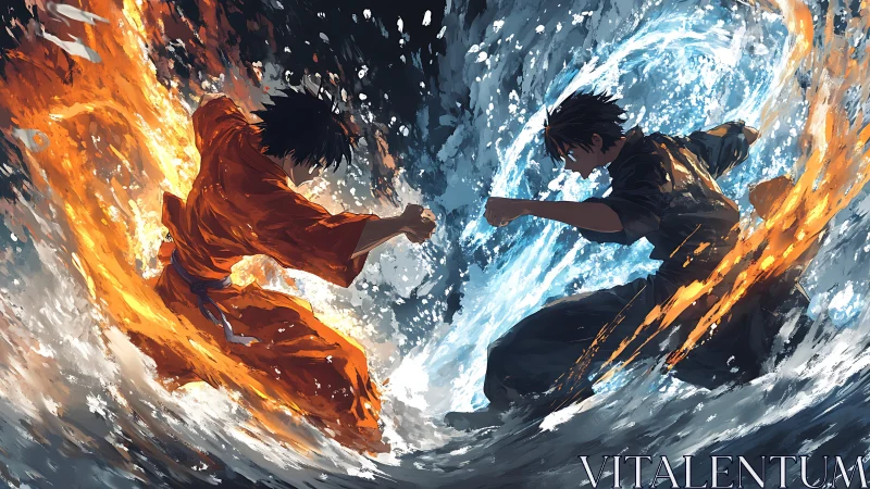 Elemental duel between fire and water martial artists.