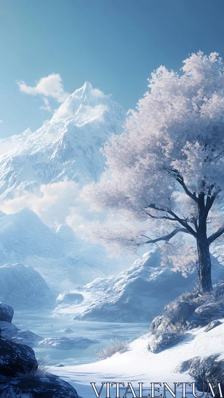 Snowy mountain valley frames solitary frosted blossom tree