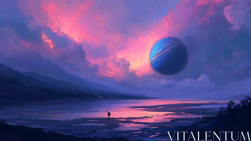 Solitary figure observes giant planet over reflective shore