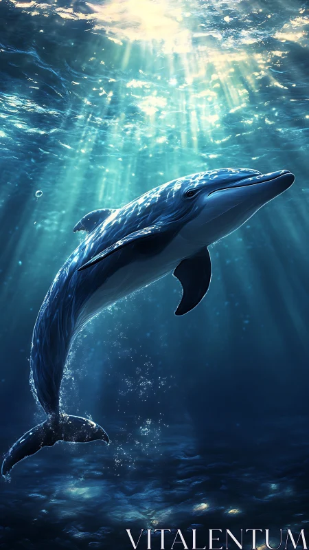 Underwater dolphin in vertical shaft of filtered sunlight.